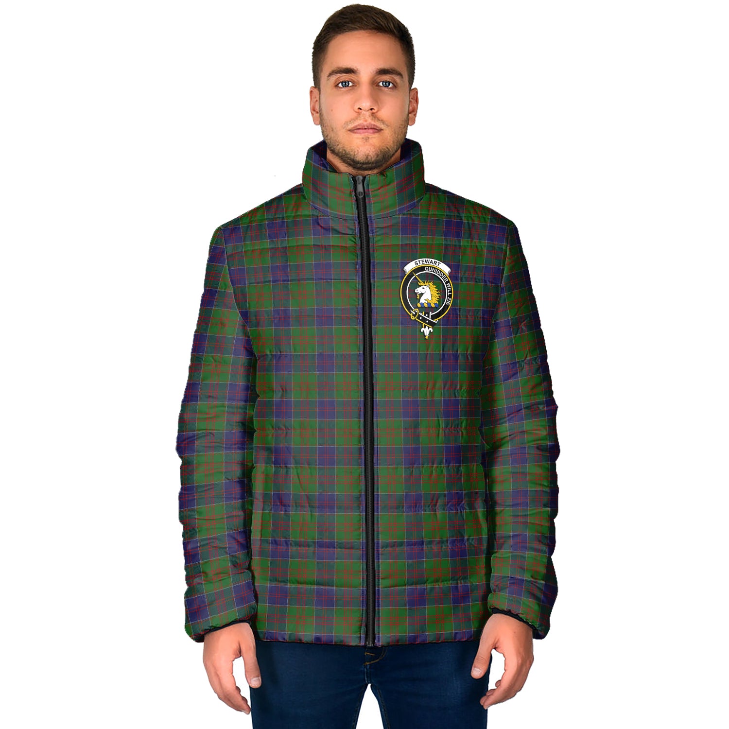 Stewart of Appin Hunting Tartan Padded Jacket with Family Crest - Tartan Vibes Clothing