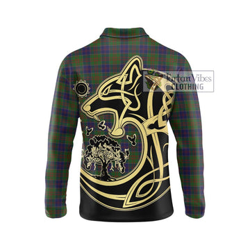 Stewart of Appin Hunting Tartan Long Sleeve Polo Shirt with Family Crest Celtic Wolf Style