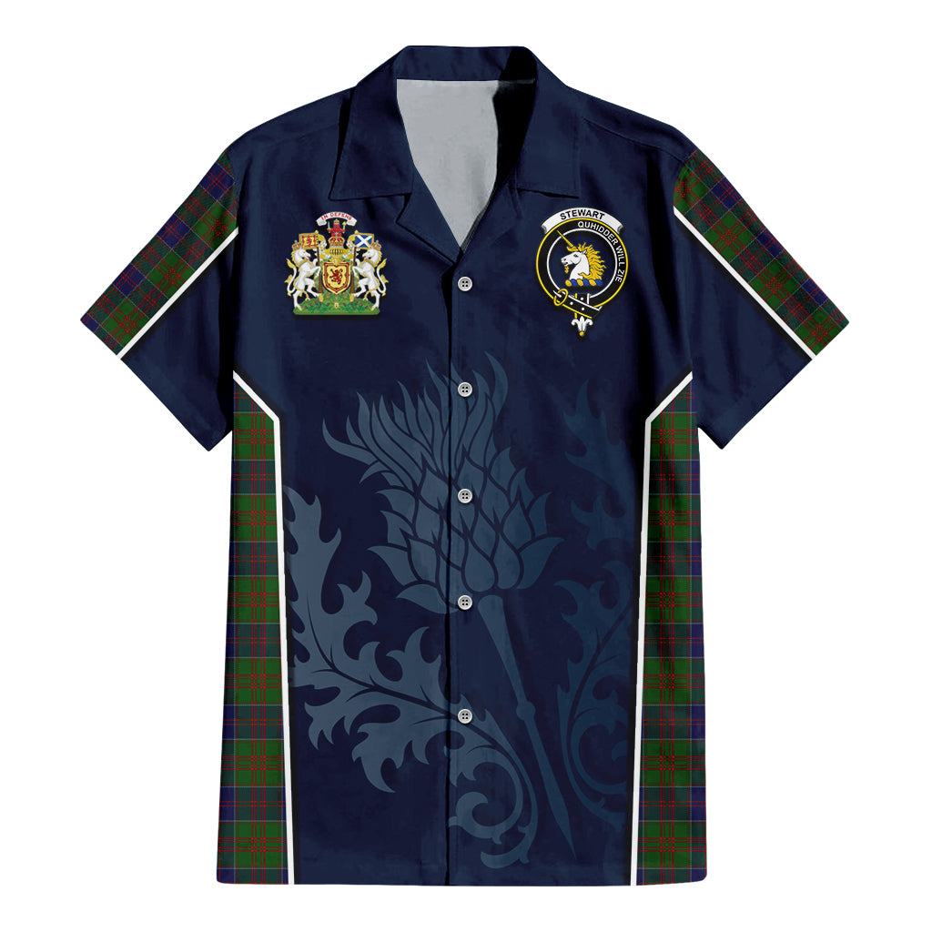 Tartan Vibes Clothing Stewart of Appin Hunting Tartan Short Sleeve Button Up Shirt with Family Crest and Scottish Thistle Vibes Sport Style