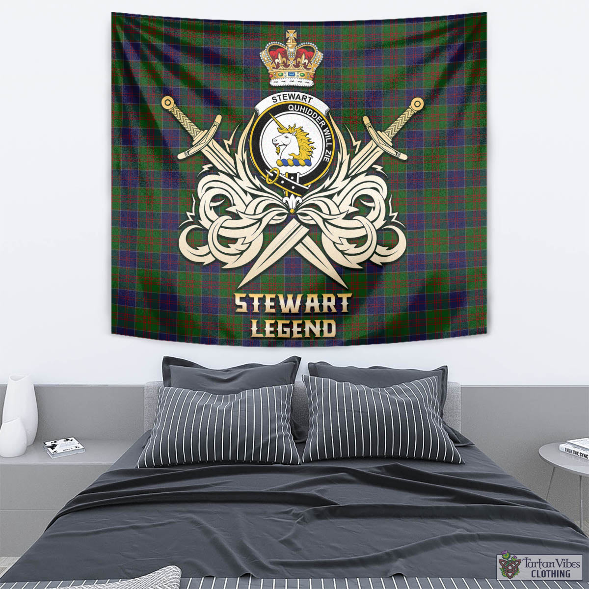 Tartan Vibes Clothing Stewart of Appin Hunting Tartan Tapestry with Clan Crest and the Golden Sword of Courageous Legacy