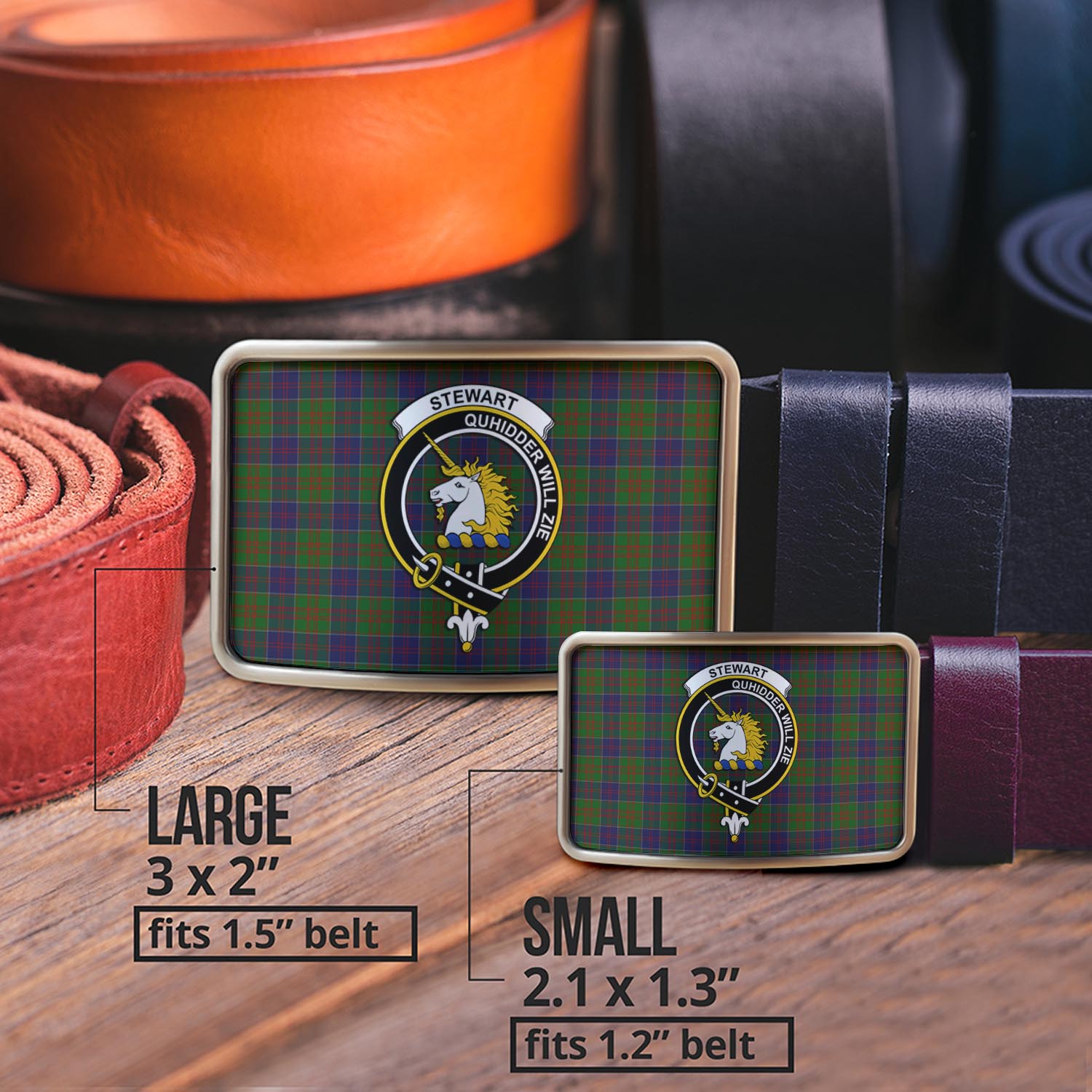 Stewart of Appin Hunting Tartan Belt Buckles with Family Crest - Tartanvibesclothing Shop