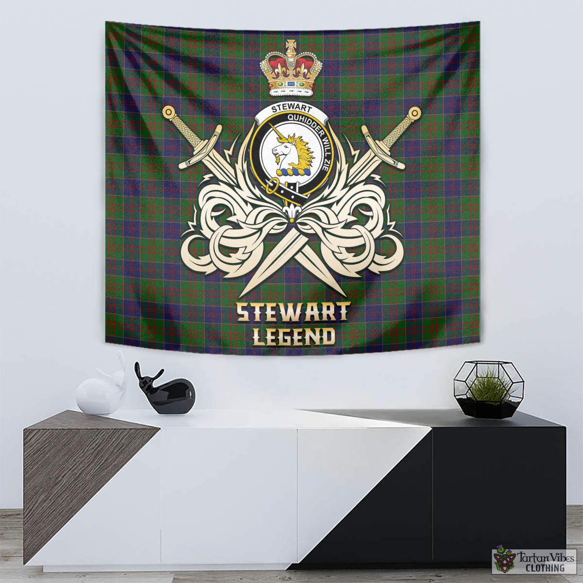 Tartan Vibes Clothing Stewart of Appin Hunting Tartan Tapestry with Clan Crest and the Golden Sword of Courageous Legacy