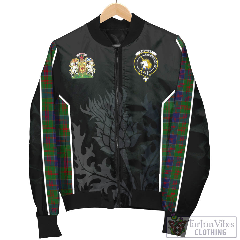 Tartan Vibes Clothing Stewart of Appin Hunting Tartan Bomber Jacket with Family Crest and Scottish Thistle Vibes Sport Style