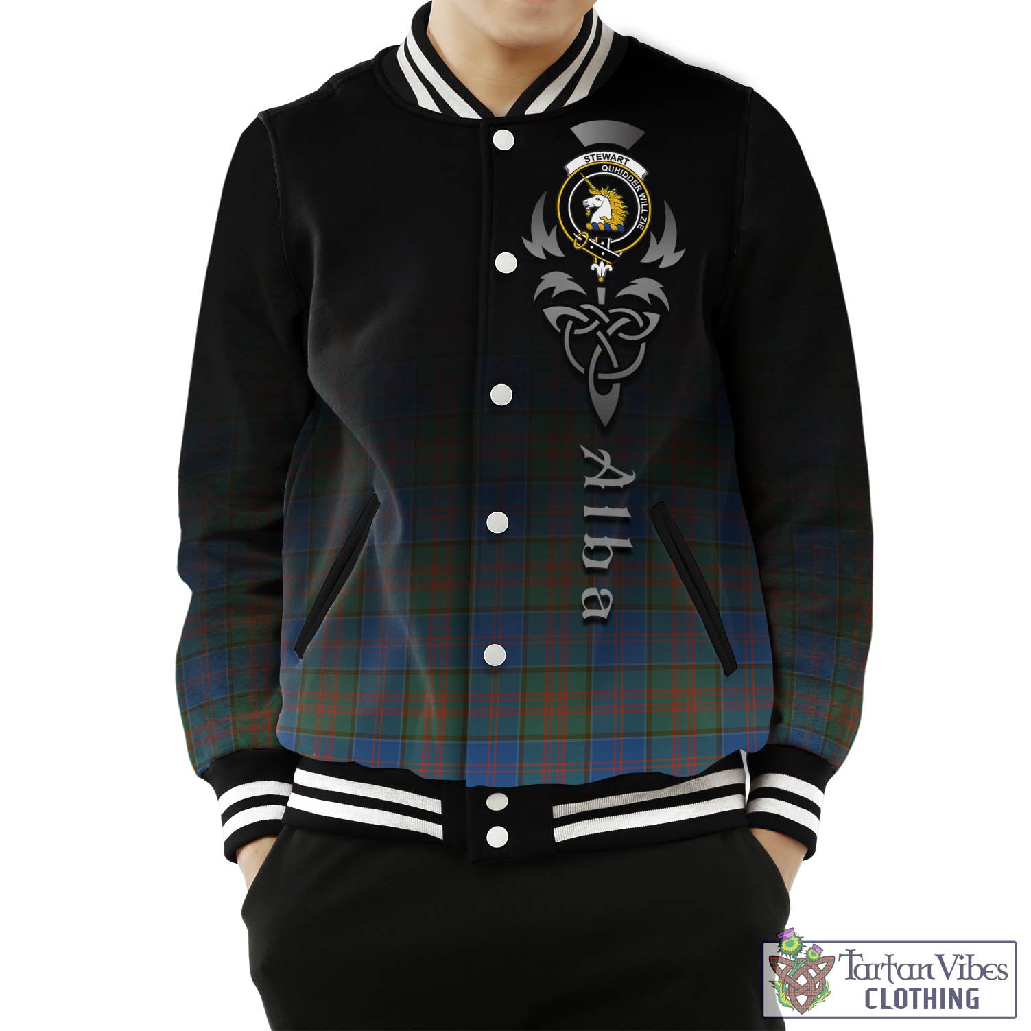 Tartan Vibes Clothing Stewart of Appin Hunting Ancient Tartan Baseball Jacket Featuring Alba Gu Brath Family Crest Celtic Inspired