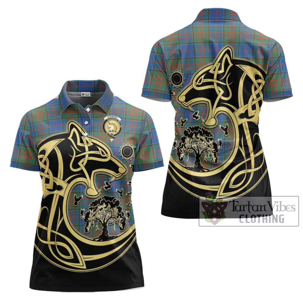 Stewart of Appin Hunting Ancient Tartan Women's Polo Shirt with Family Crest Celtic Wolf Style Women - Tartanvibesclothing Shop