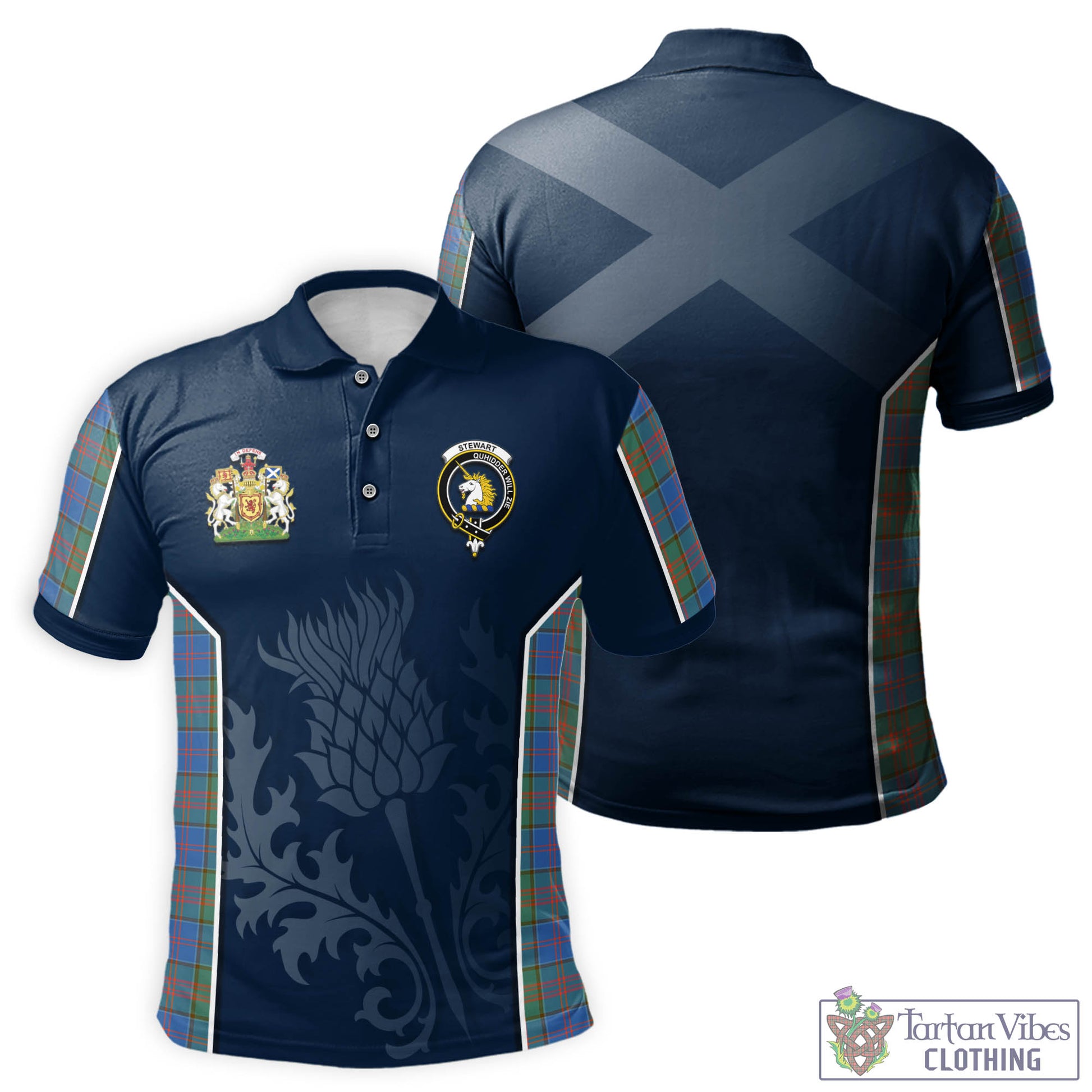 Tartan Vibes Clothing Stewart of Appin Hunting Ancient Tartan Men's Polo Shirt with Family Crest and Scottish Thistle Vibes Sport Style