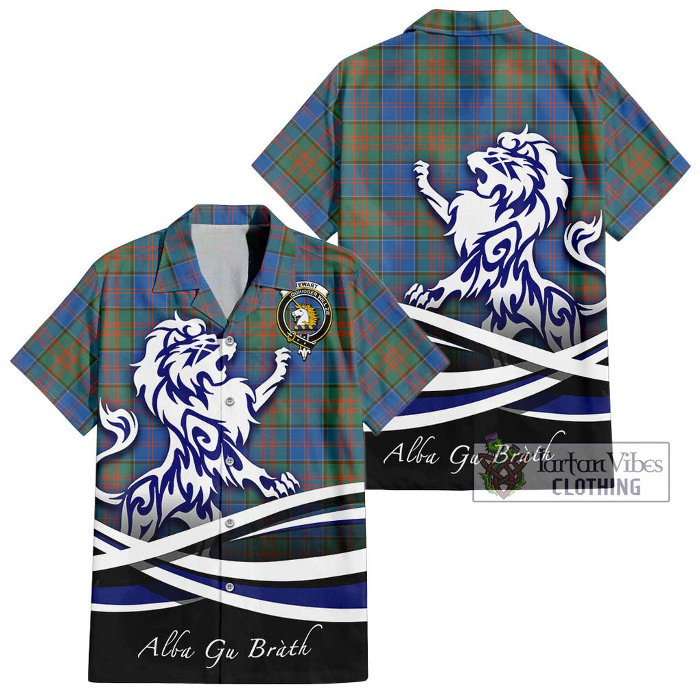 Stewart of Appin Hunting Ancient Tartan Short Sleeve Button Shirt with Alba Gu Brath Regal Lion Emblem Kid - Tartanvibesclothing Shop