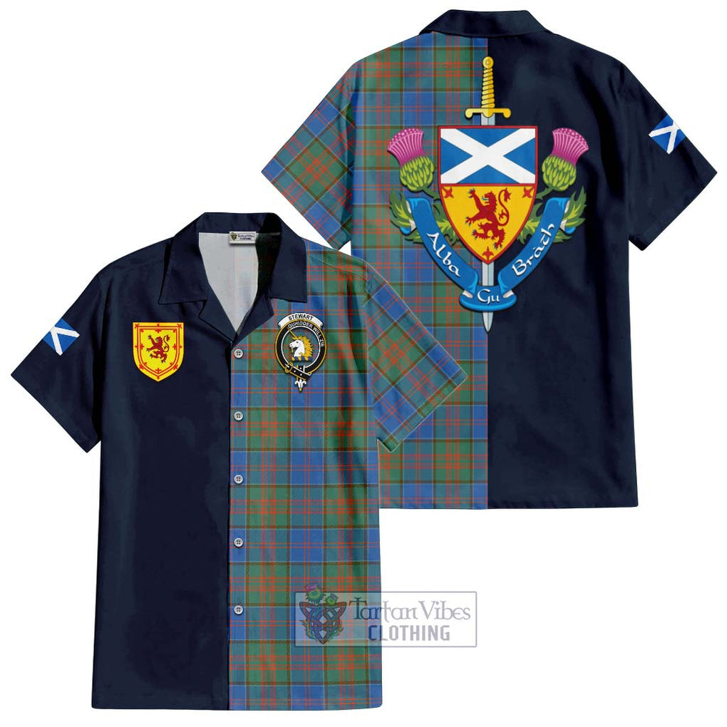 Tartan Vibes Clothing Stewart of Appin Hunting Ancient Tartan Short Sleeve Button Shirt with Scottish Lion Royal Arm Half Style