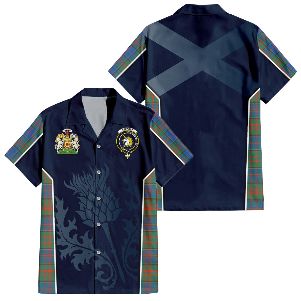 Tartan Vibes Clothing Stewart of Appin Hunting Ancient Tartan Short Sleeve Button Up Shirt with Family Crest and Scottish Thistle Vibes Sport Style