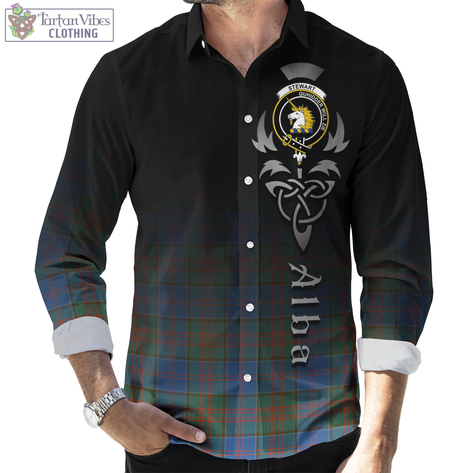 Tartan Vibes Clothing Stewart of Appin Hunting Ancient Tartan Long Sleeve Button Up Featuring Alba Gu Brath Family Crest Celtic Inspired