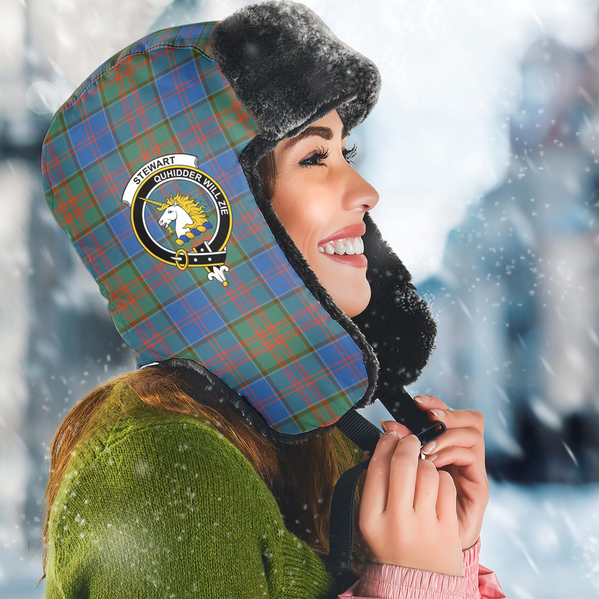 Stewart of Appin Hunting Ancient Tartan Winter Trapper Hat with Family Crest Winter Trapper Hat Universal Fit Circumference 22.8in (58cm) - Tartanvibesclothing