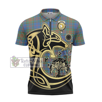 Stewart of Appin Hunting Ancient Tartan Zipper Polo Shirt with Family Crest Celtic Wolf Style