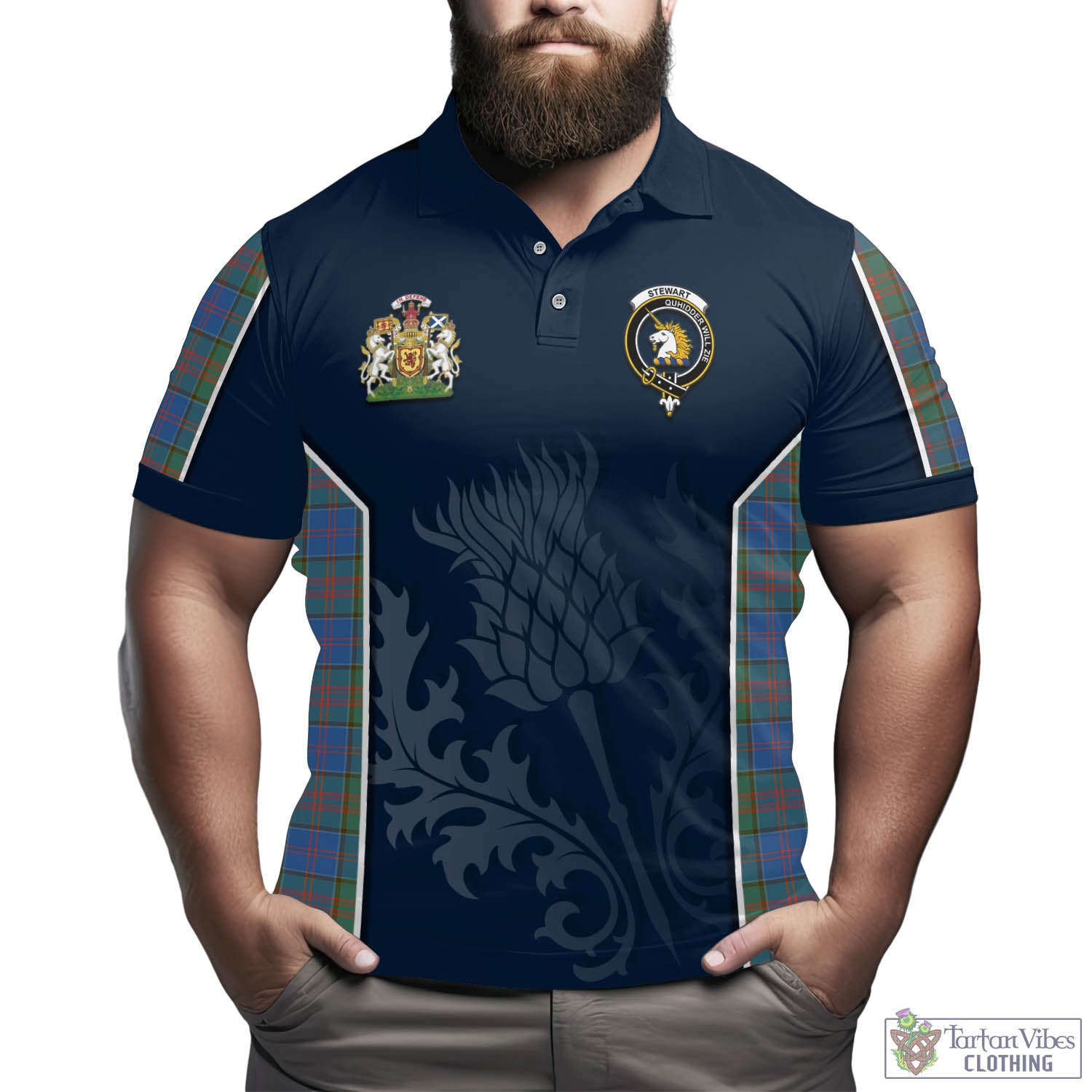 Tartan Vibes Clothing Stewart of Appin Hunting Ancient Tartan Men's Polo Shirt with Family Crest and Scottish Thistle Vibes Sport Style