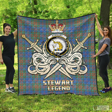 Stewart of Appin Hunting Ancient Tartan Quilt with Clan Crest and the Golden Sword of Courageous Legacy