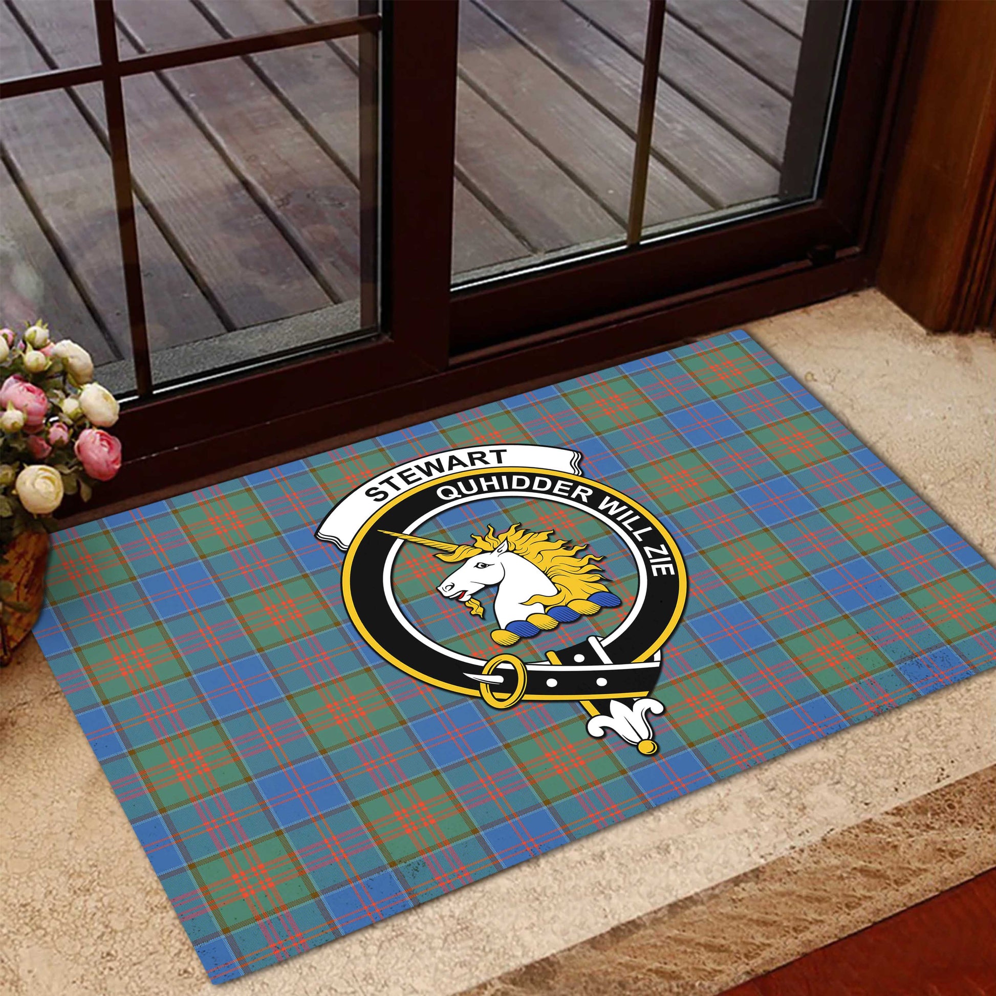 Stewart of Appin Hunting Ancient Tartan Door Mat with Family Crest - Tartanvibesclothing Shop