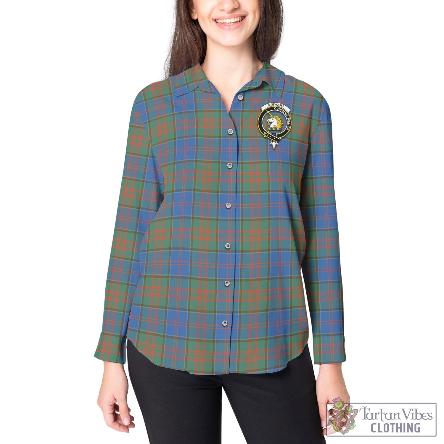 Tartan Vibes Clothing Stewart of Appin Hunting Ancient Tartan Womens Casual Shirt with Family Crest