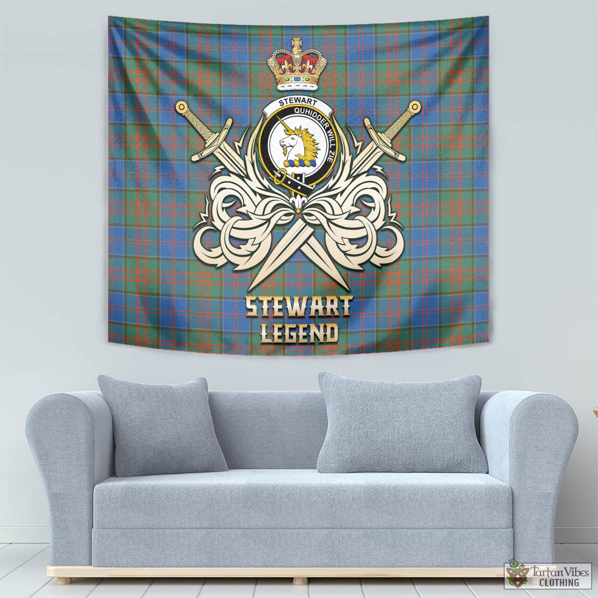 Tartan Vibes Clothing Stewart of Appin Hunting Ancient Tartan Tapestry with Clan Crest and the Golden Sword of Courageous Legacy