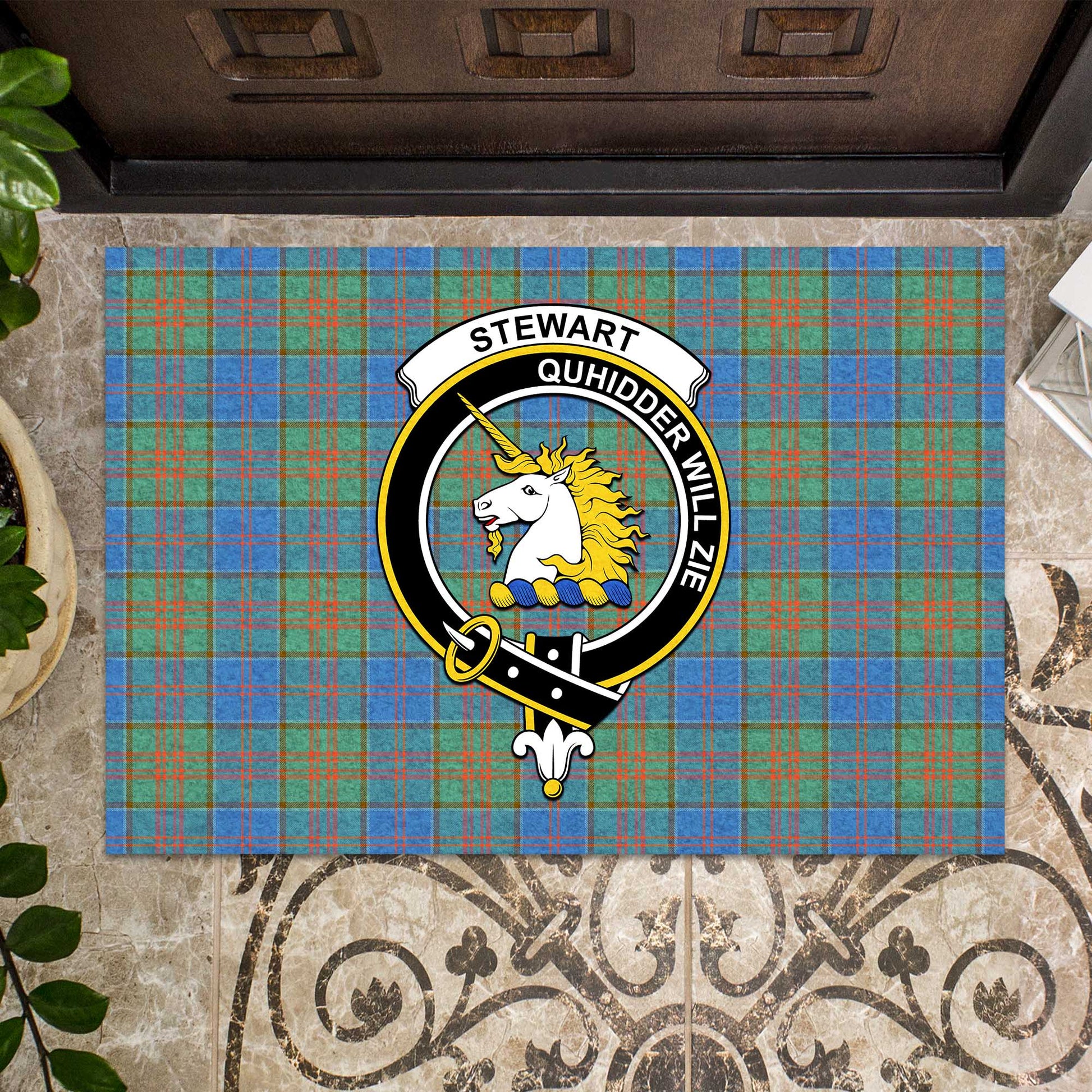 Stewart of Appin Hunting Ancient Tartan Door Mat with Family Crest - Tartanvibesclothing Shop