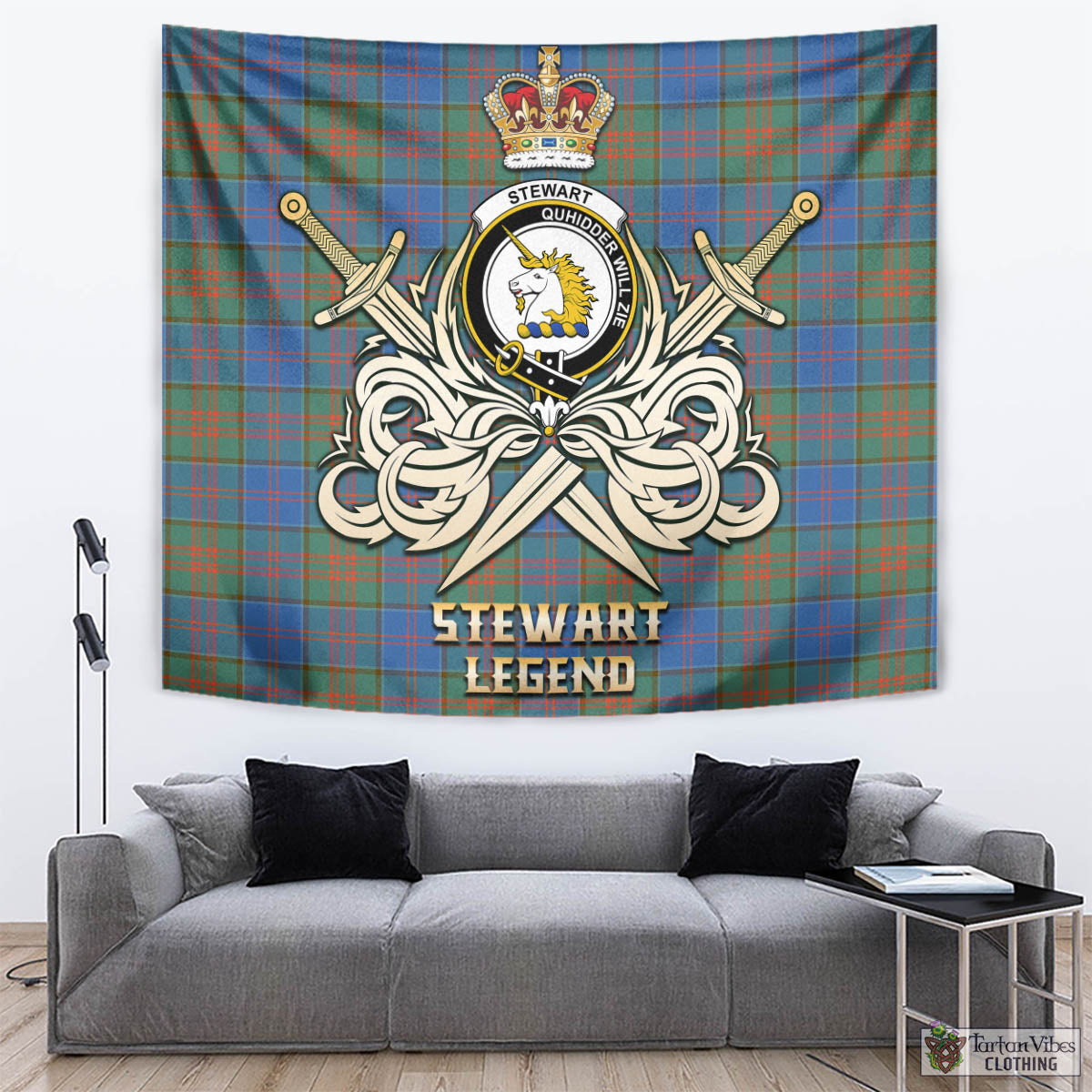 Tartan Vibes Clothing Stewart of Appin Hunting Ancient Tartan Tapestry with Clan Crest and the Golden Sword of Courageous Legacy