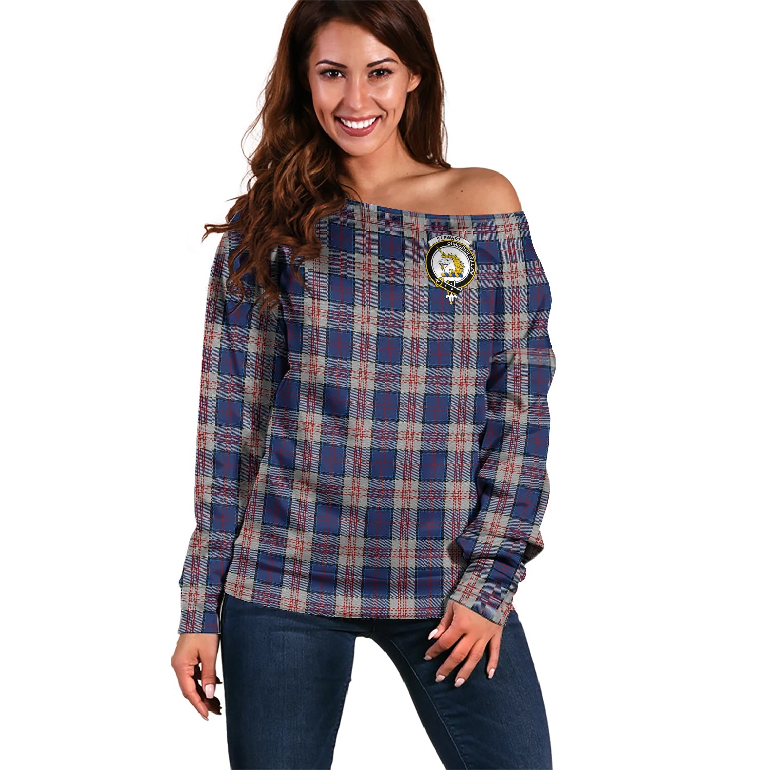 Stewart of Appin Hunting Dress Tartan Off Shoulder Women Sweater with Family Crest Women - Tartanvibesclothing Shop