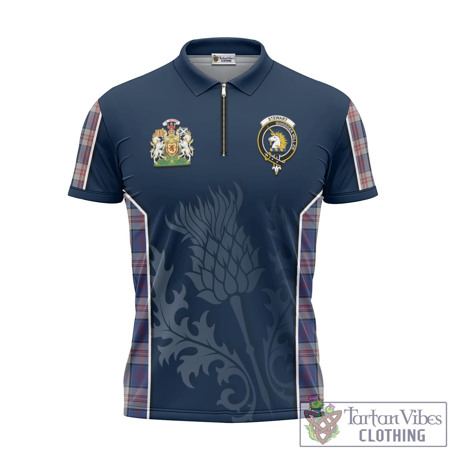 Tartan Vibes Clothing Stewart of Appin Hunting Dress Tartan Zipper Polo Shirt with Family Crest and Scottish Thistle Vibes Sport Style