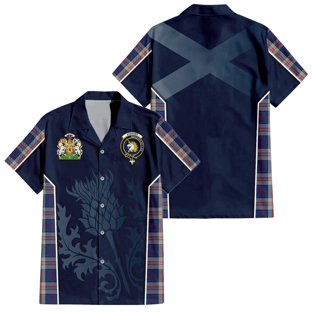 Tartan Vibes Clothing Stewart of Appin Hunting Dress Tartan Short Sleeve Button Up Shirt with Family Crest and Scottish Thistle Vibes Sport Style