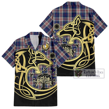 Stewart of Appin Hunting Dress Tartan Short Sleeve Button Shirt with Family Crest Celtic Wolf Style