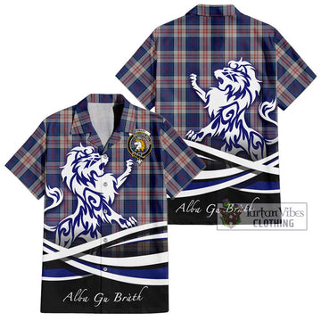 Stewart of Appin Hunting Dress Tartan Short Sleeve Button Shirt with Alba Gu Brath Regal Lion Emblem