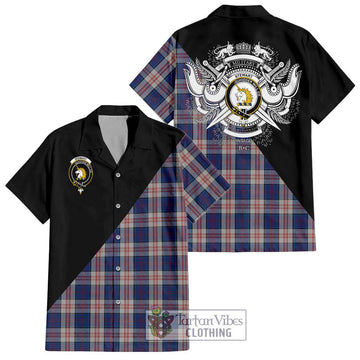 Stewart of Appin Hunting Dress Tartan Short Sleeve Button Shirt with Family Crest and Military Logo Style