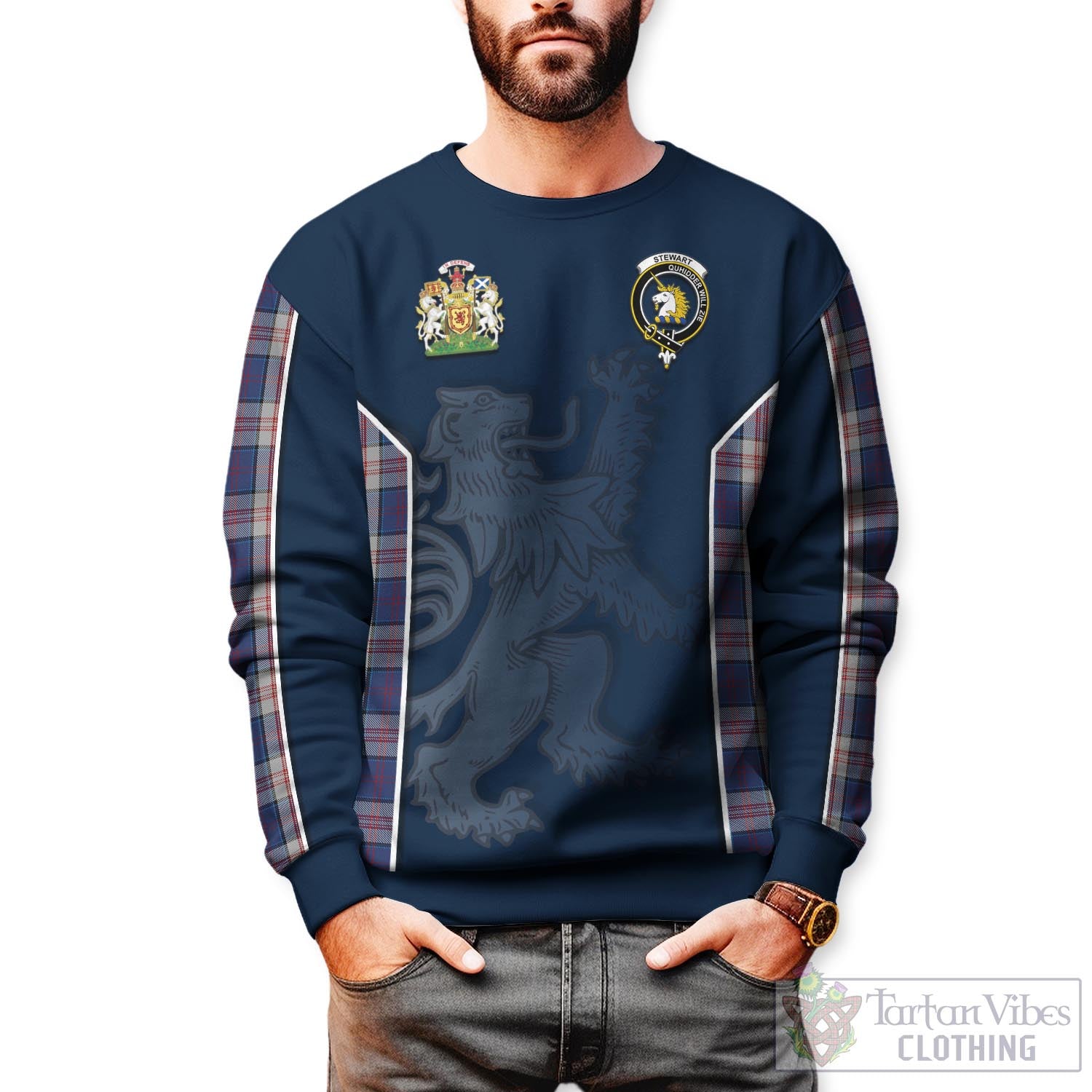 Tartan Vibes Clothing Stewart of Appin Hunting Dress Tartan Sweater with Family Crest and Lion Rampant Vibes Sport Style