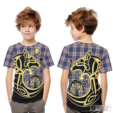 Stewart of Appin Hunting Dress Tartan Kid T-Shirt with Family Crest Celtic Wolf Style