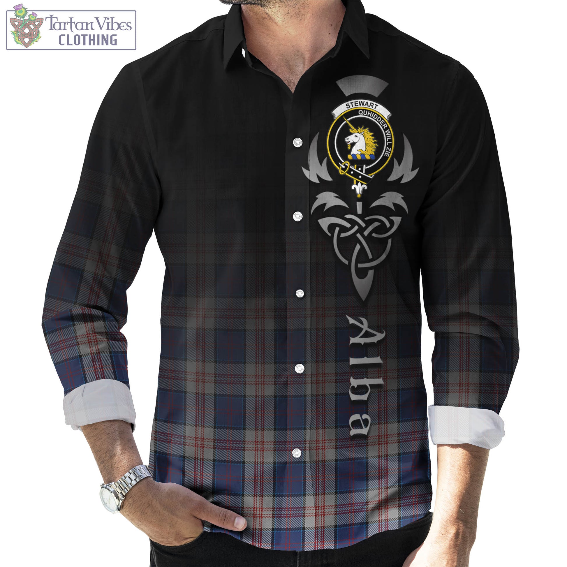 Tartan Vibes Clothing Stewart of Appin Hunting Dress Tartan Long Sleeve Button Up Featuring Alba Gu Brath Family Crest Celtic Inspired