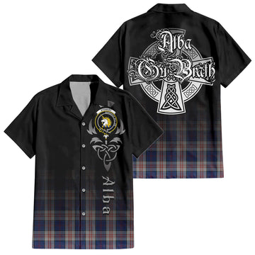 Stewart of Appin Hunting Dress Tartan Short Sleeve Button Up Shirt Featuring Alba Gu Brath Family Crest Celtic Inspired