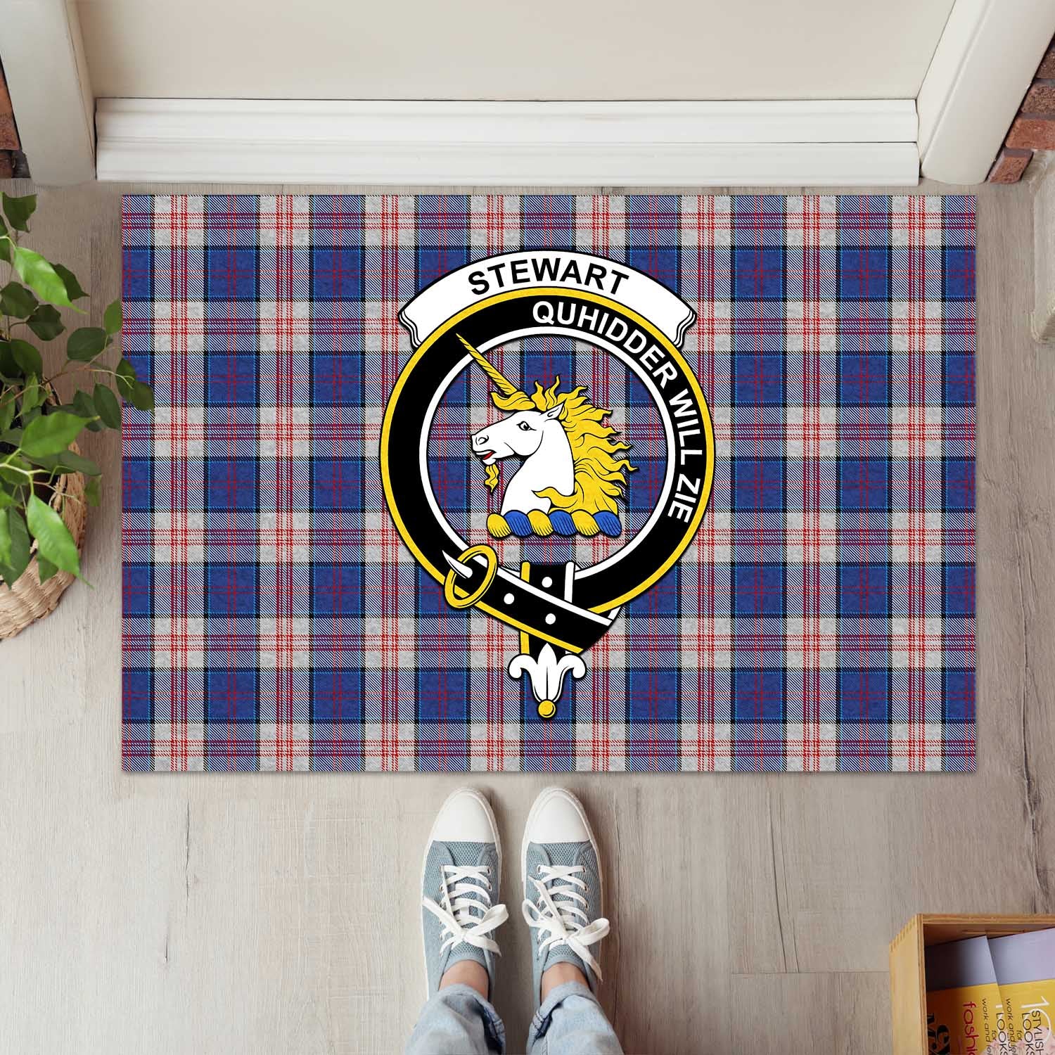 Stewart of Appin Hunting Dress Tartan Door Mat with Family Crest - Tartanvibesclothing Shop