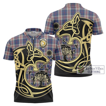 Stewart of Appin Hunting Dress Tartan Zipper Polo Shirt with Family Crest Celtic Wolf Style