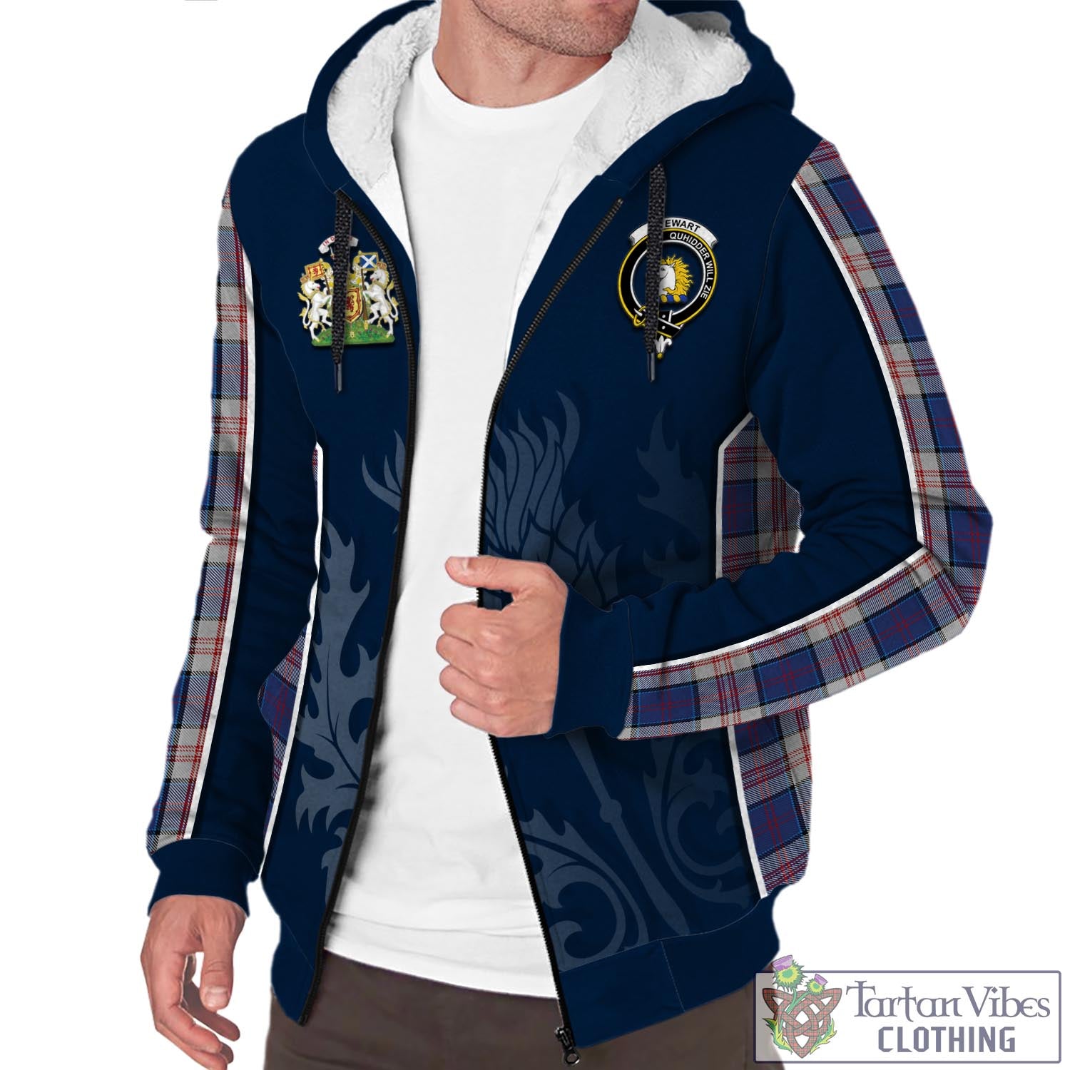 Tartan Vibes Clothing Stewart of Appin Hunting Dress Tartan Sherpa Hoodie with Family Crest and Scottish Thistle Vibes Sport Style