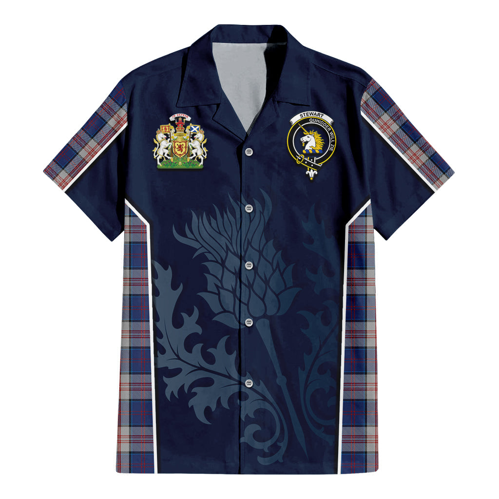 Tartan Vibes Clothing Stewart of Appin Hunting Dress Tartan Short Sleeve Button Up Shirt with Family Crest and Scottish Thistle Vibes Sport Style