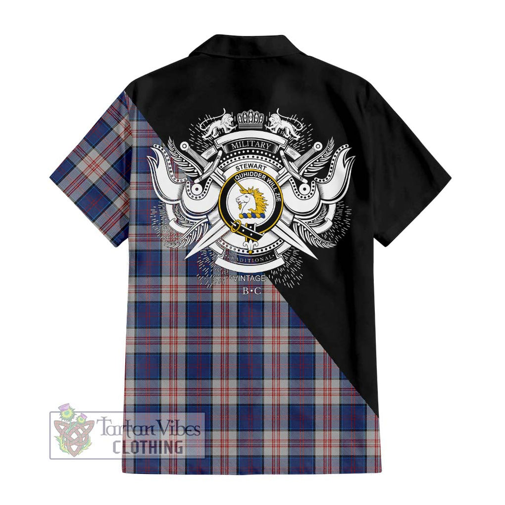 Stewart of Appin Hunting Dress Tartan Short Sleeve Button Shirt with Family Crest and Military Logo Style - Tartanvibesclothing Shop