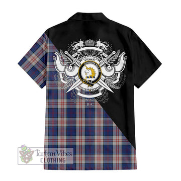 Stewart of Appin Hunting Dress Tartan Short Sleeve Button Shirt with Family Crest and Military Logo Style