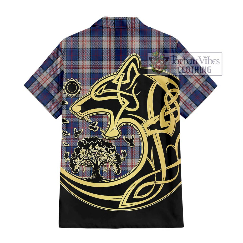 Stewart of Appin Hunting Dress Tartan Short Sleeve Button Shirt with Family Crest Celtic Wolf Style - Tartan Vibes Clothing