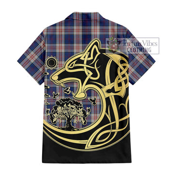 Stewart of Appin Hunting Dress Tartan Short Sleeve Button Shirt with Family Crest Celtic Wolf Style