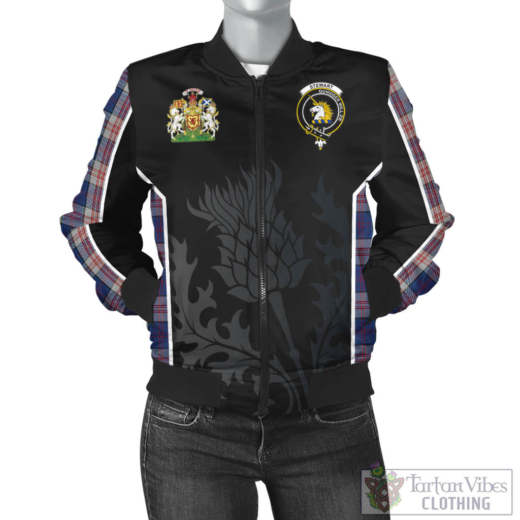 Tartan Vibes Clothing Stewart of Appin Hunting Dress Tartan Bomber Jacket with Family Crest and Scottish Thistle Vibes Sport Style