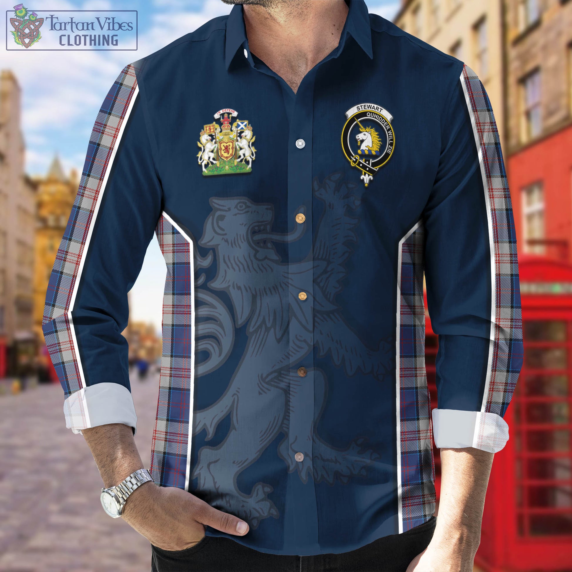 Stewart of Appin Hunting Dress Tartan Long Sleeve Button Up Shirt with Family Crest and Lion Rampant Vibes Sport Style