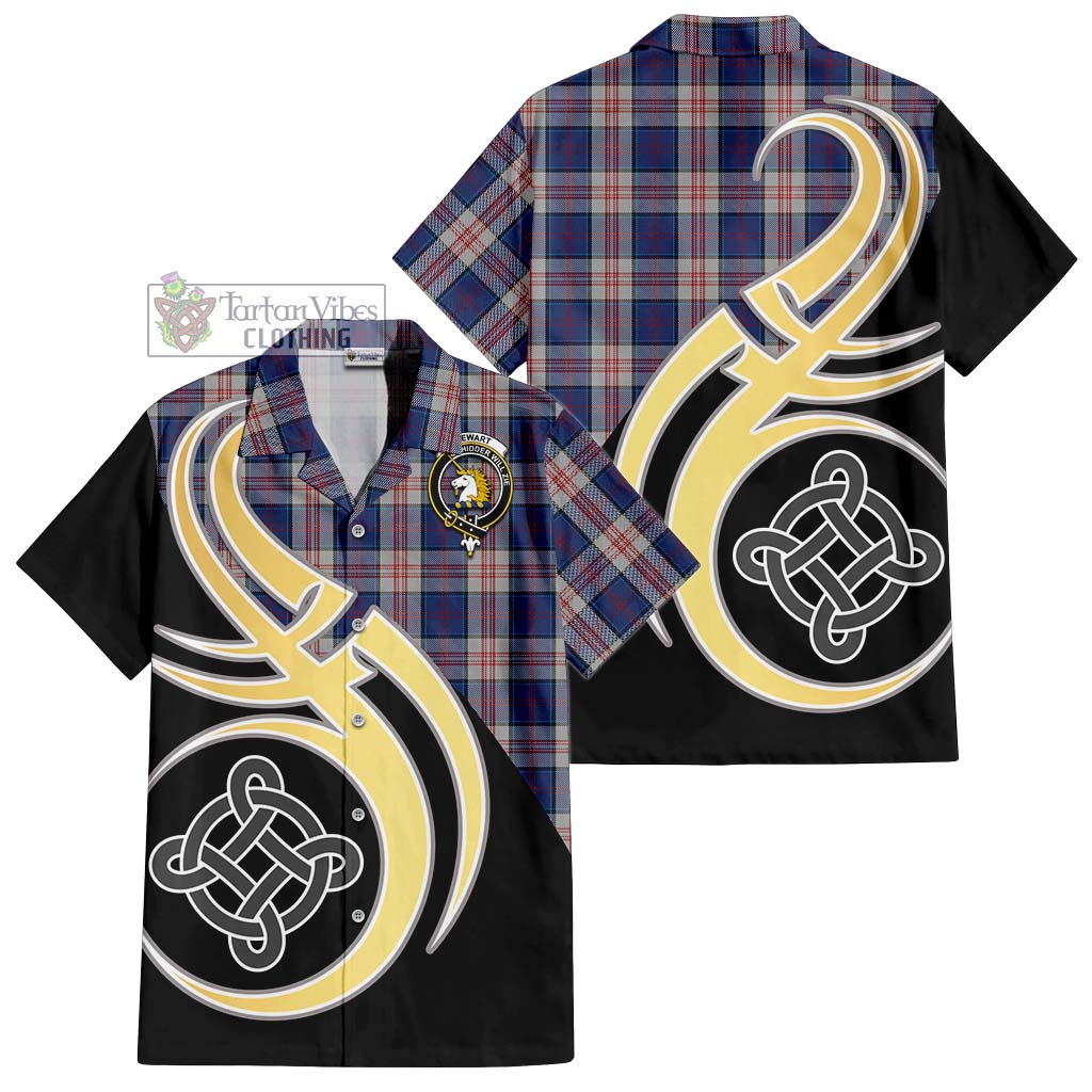 Stewart of Appin Hunting Dress Tartan Short Sleeve Button Shirt with Family Crest and Celtic Symbol Style - Tartan Vibes Clothing