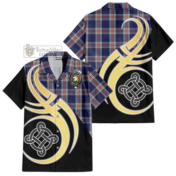 Stewart of Appin Hunting Dress Tartan Short Sleeve Button Shirt with Family Crest and Celtic Symbol Style