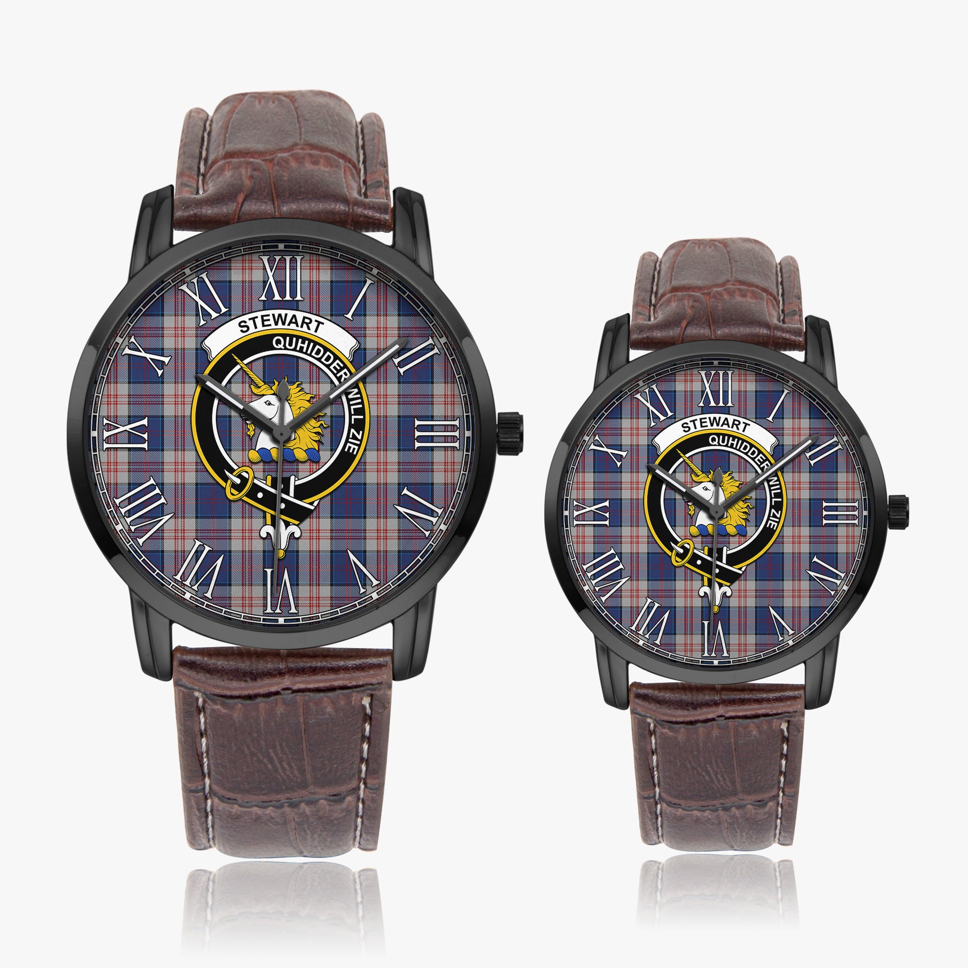 Stewart of Appin Hunting Dress Tartan Family Crest Leather Strap Quartz Watch - Tartanvibesclothing