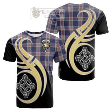 Stewart of Appin Hunting Dress Tartan Cotton T-shirt with Family Crest and Celtic Symbol Style