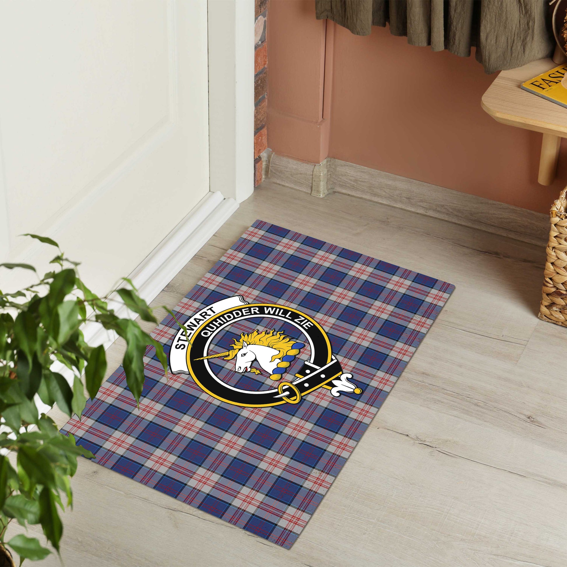 Stewart of Appin Hunting Dress Tartan Door Mat with Family Crest - Tartanvibesclothing Shop