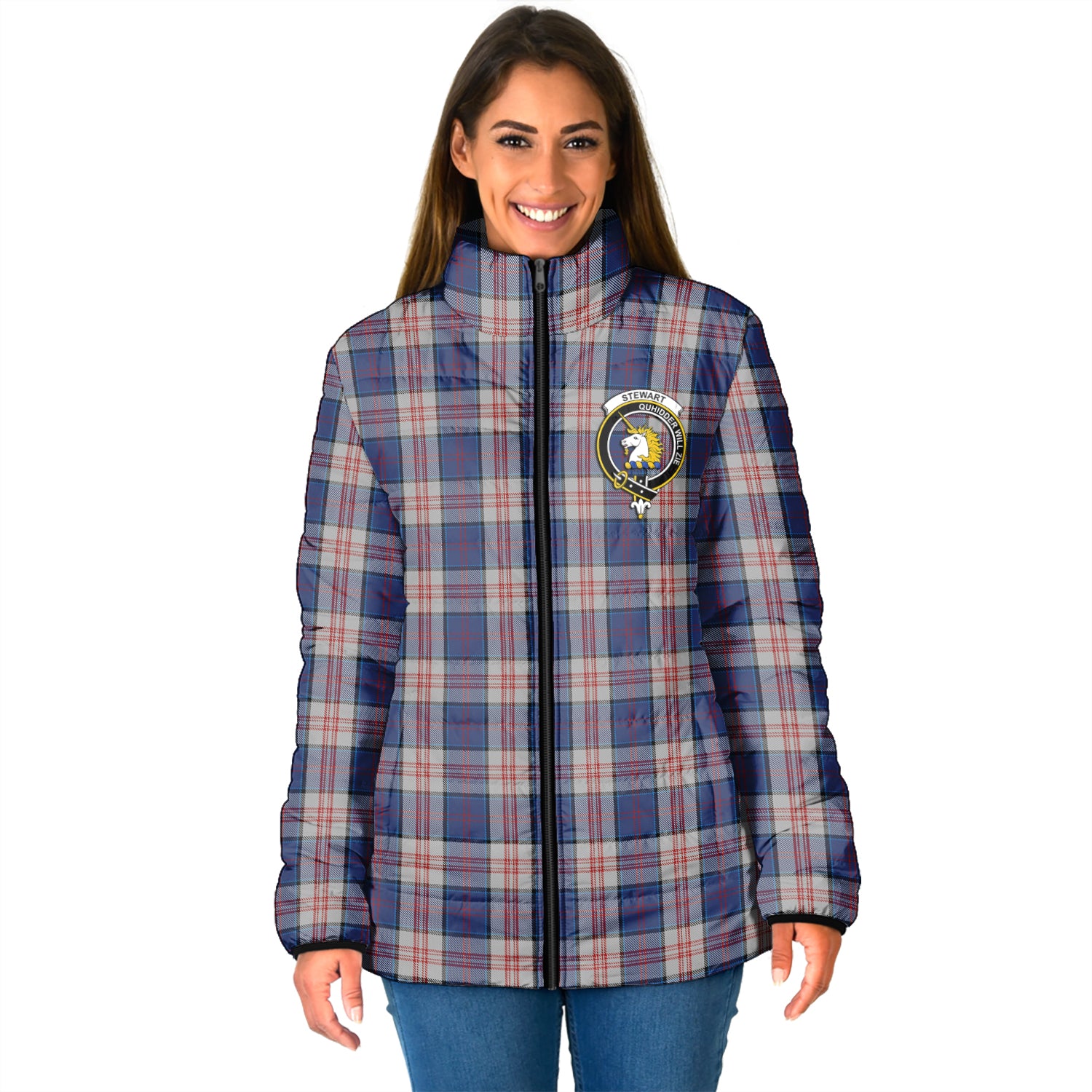 Stewart of Appin Hunting Dress Tartan Padded Jacket with Family Crest - Tartan Vibes Clothing