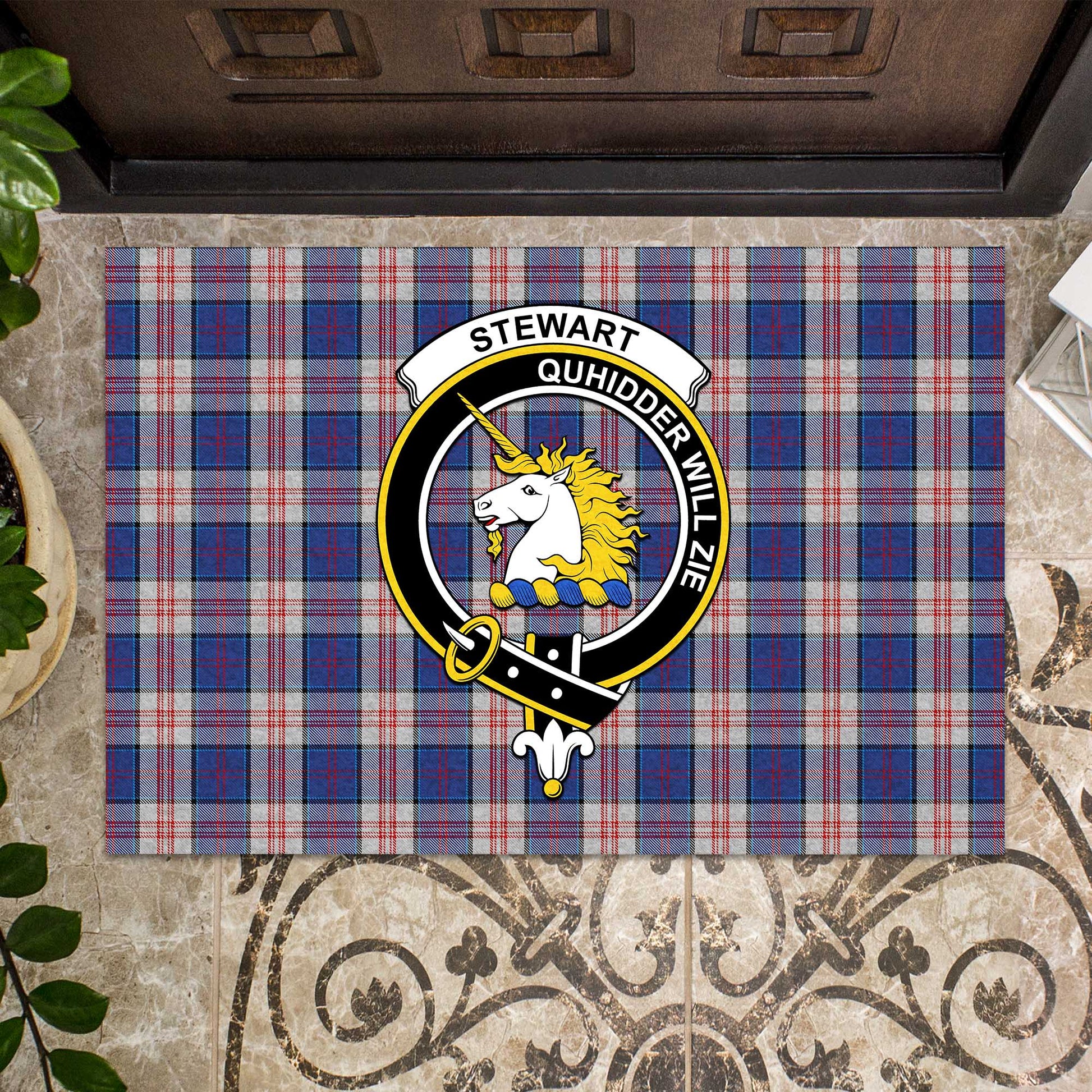 Stewart of Appin Hunting Dress Tartan Door Mat with Family Crest - Tartanvibesclothing Shop